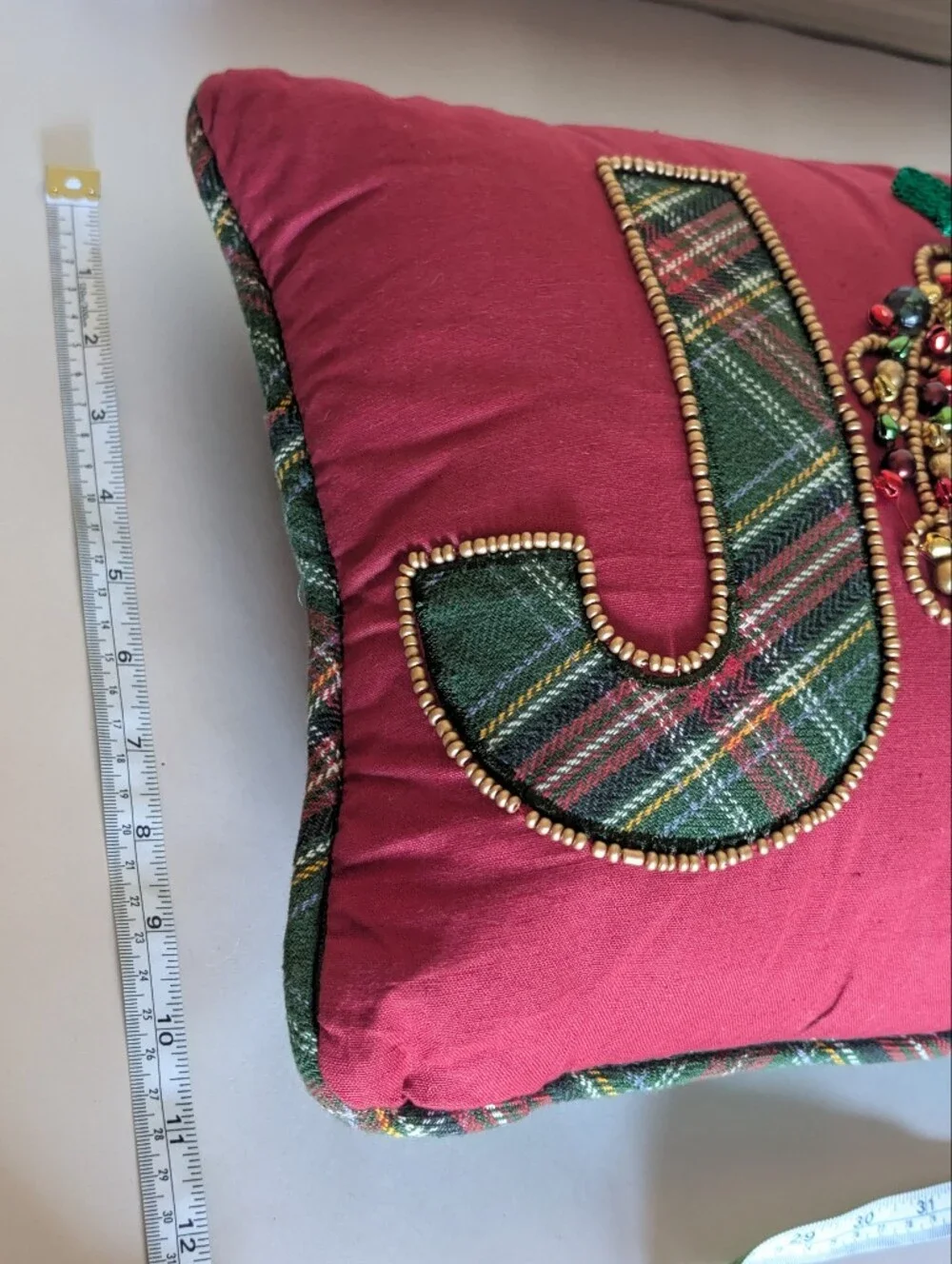 Vintage Pier 1 Beaded, Jingle Bells Tarten Plaid JOY Pillow Christmas Holiday